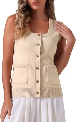 Allegra K Sweater Vest for Women's Summer Casual Button Ribbed Sleeveless Knitted Tank Top