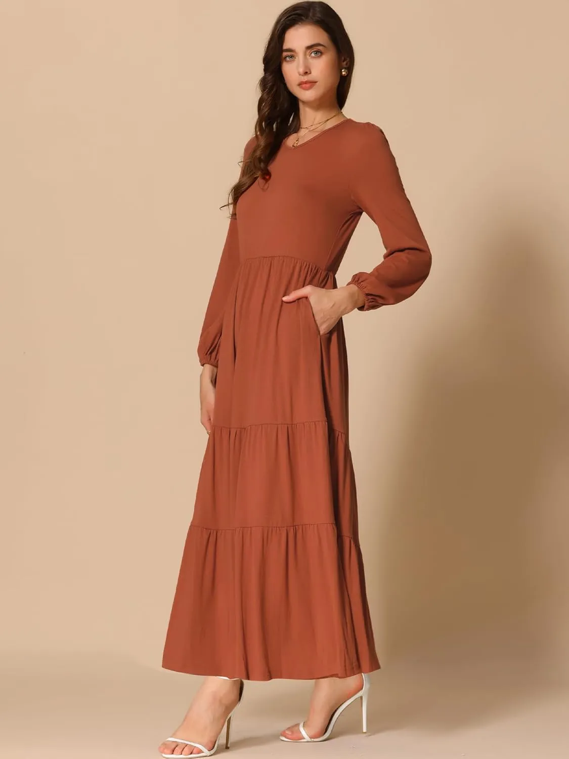 Allegra K Women's Casual Crew Neck Long Sleeve Dress High Waist Knit Tiered Midi Dresses with Pockets