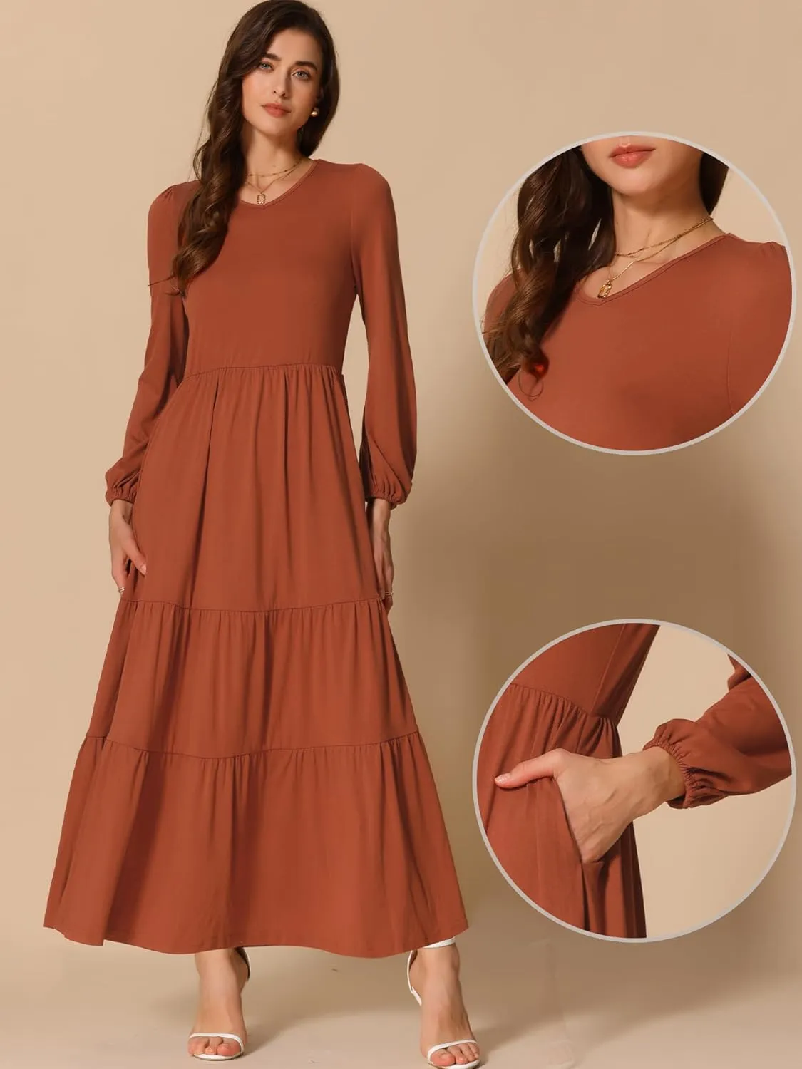 Allegra K Women's Casual Crew Neck Long Sleeve Dress High Waist Knit Tiered Midi Dresses with Pockets