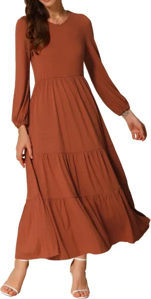 Allegra K Women's Casual Crew Neck Long Sleeve Dress High Waist Knit Tiered Midi Dresses with Pockets