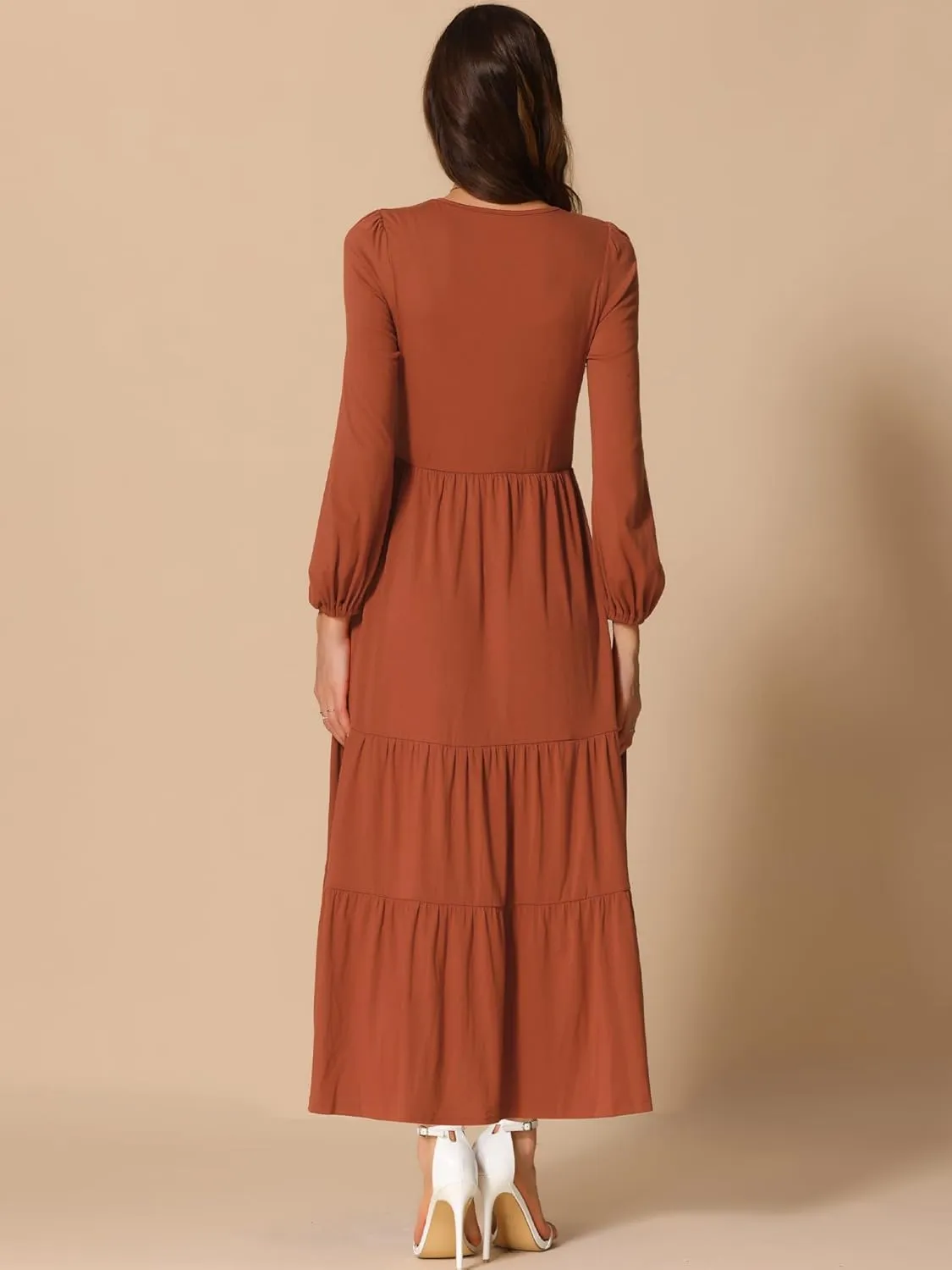 Allegra K Women's Casual Crew Neck Long Sleeve Dress High Waist Knit Tiered Midi Dresses with Pockets