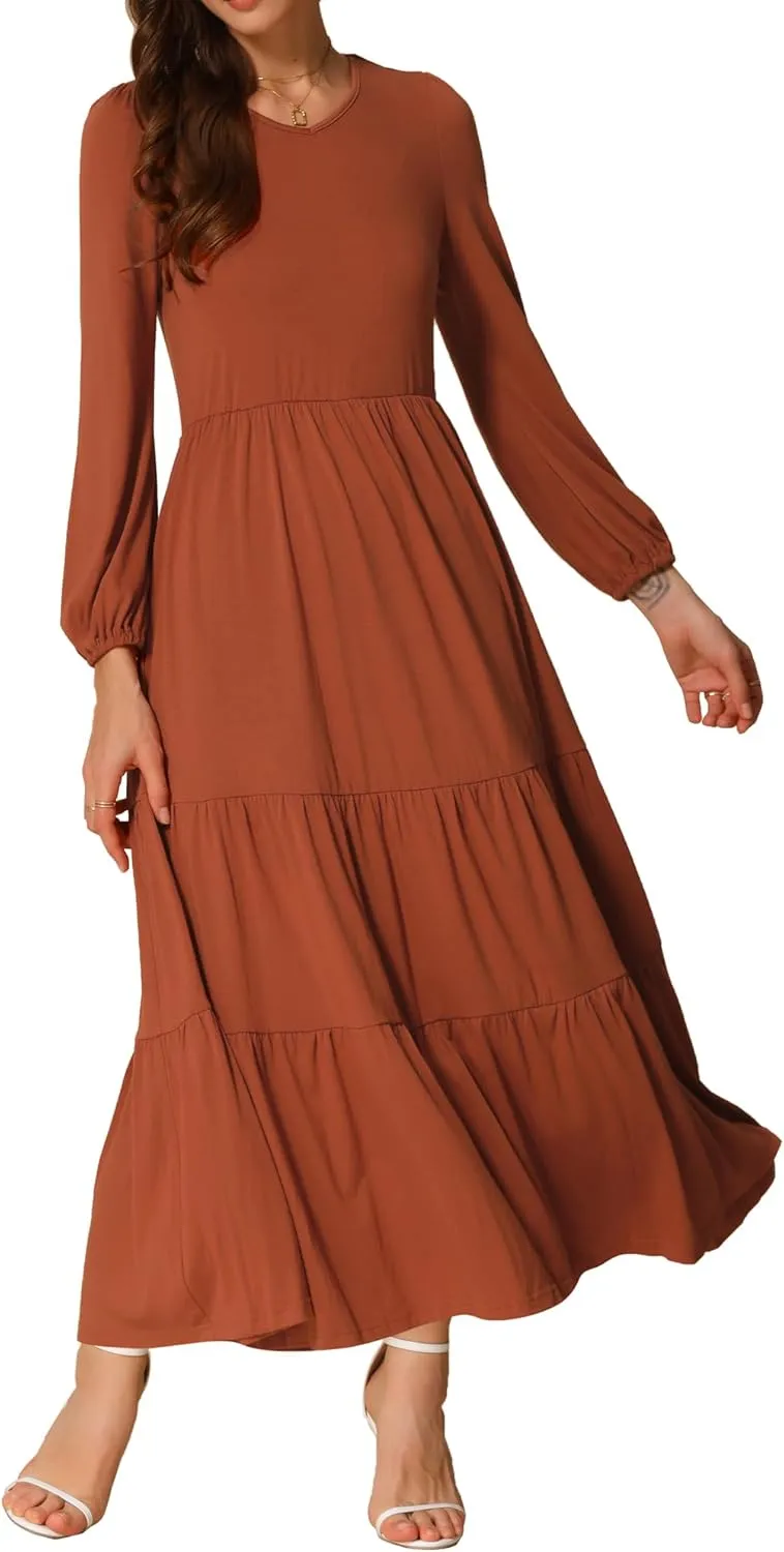Allegra K Women's Casual Crew Neck Long Sleeve Dress High Waist Knit Tiered Midi Dresses with Pockets