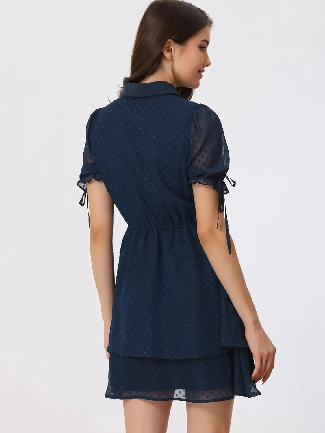 Allegra K Women's Peter Pan Collar Floral Drawstring Chiffon Layered Dress