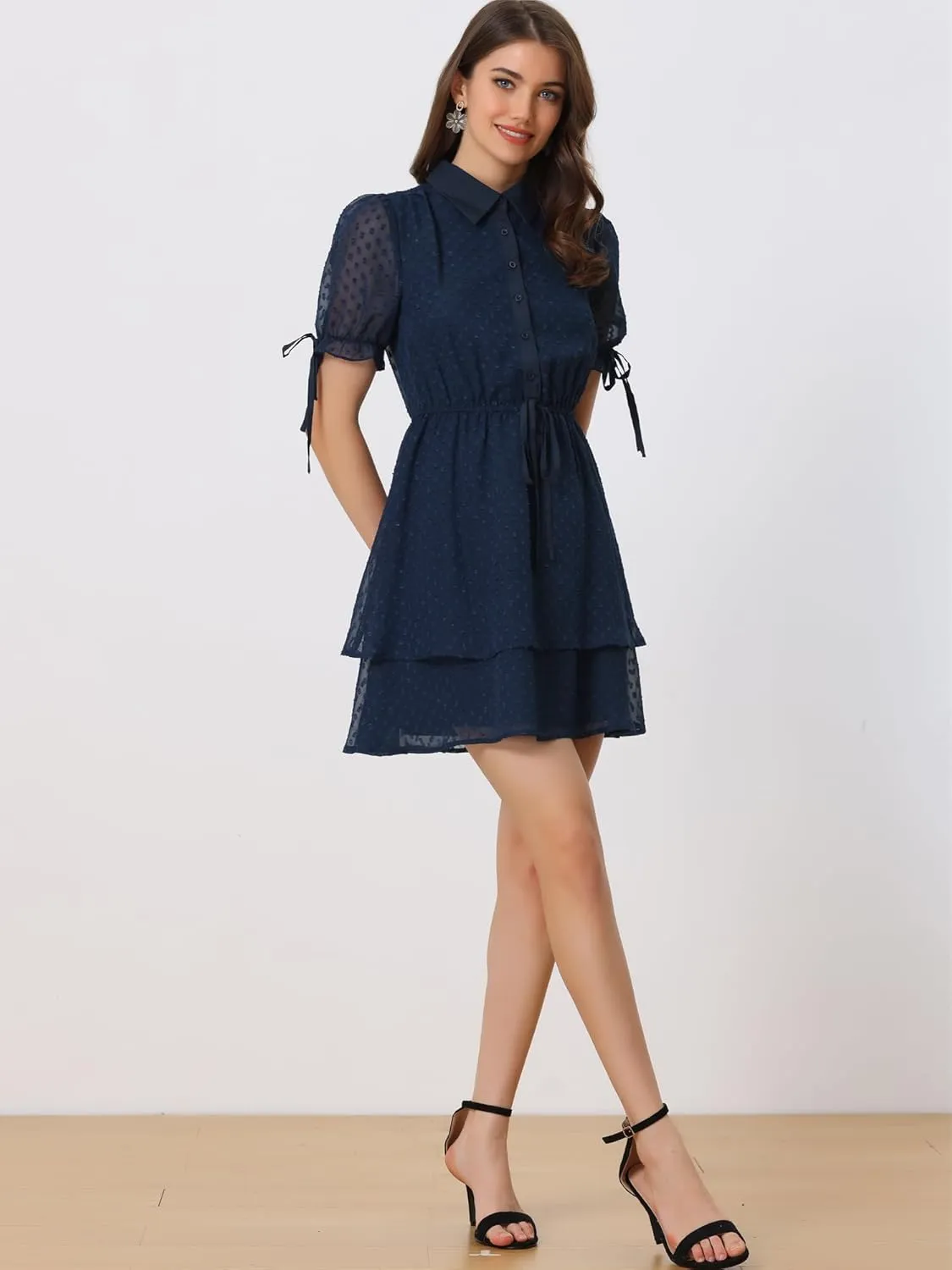 Allegra K Women's Peter Pan Collar Floral Drawstring Chiffon Layered Dress