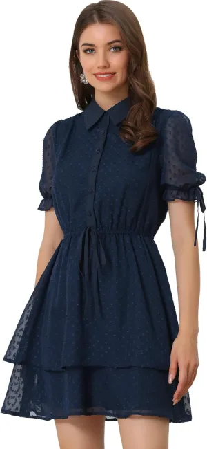 Allegra K Women's Peter Pan Collar Floral Drawstring Chiffon Layered Dress