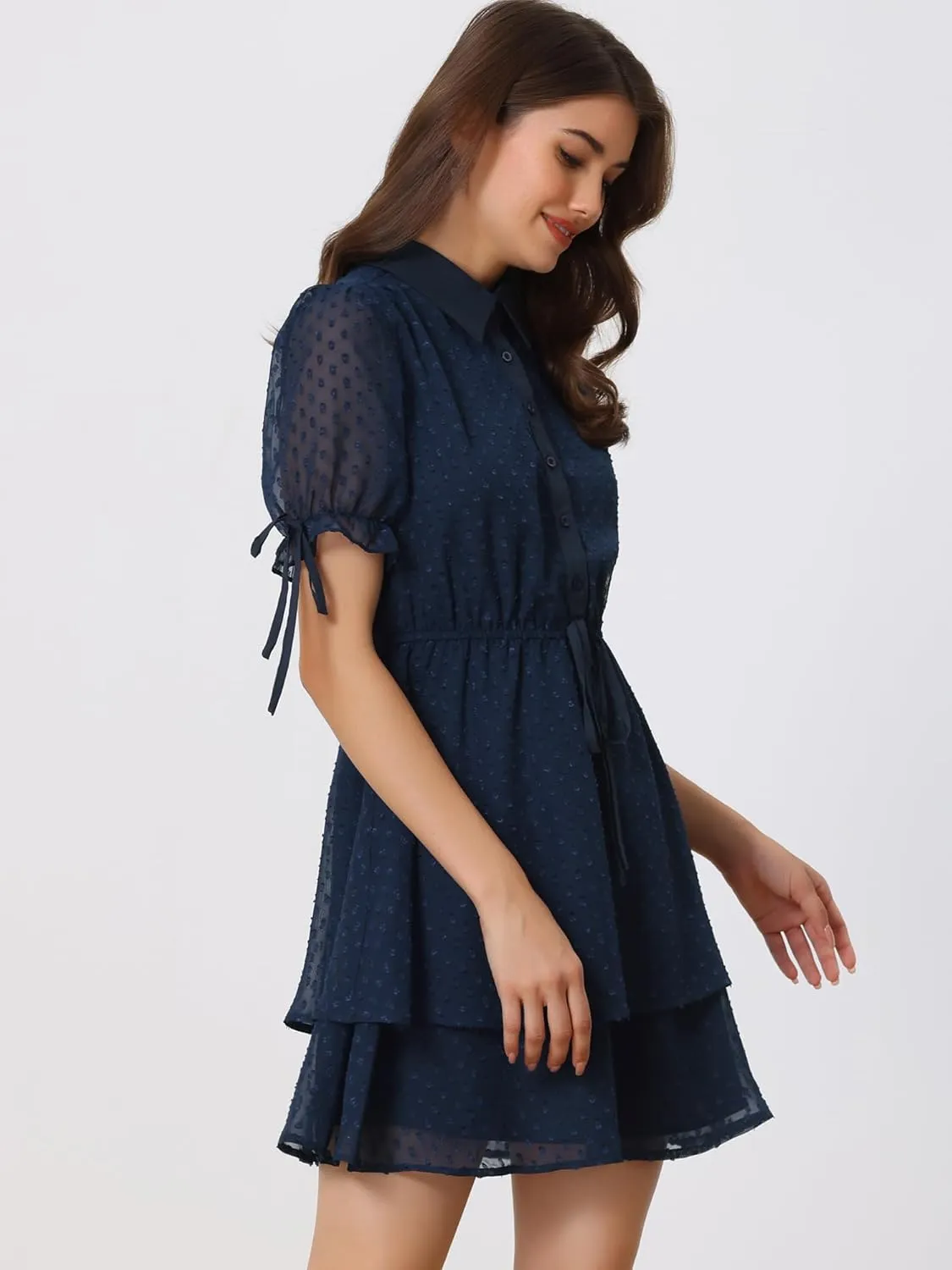 Allegra K Women's Peter Pan Collar Floral Drawstring Chiffon Layered Dress