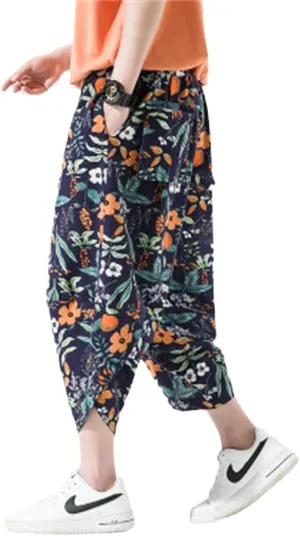 Alloaone Men Print Beach Pants Ankle-Lenght Harem Pantalon Turnip Trousers Joggers Wide Leg Pants