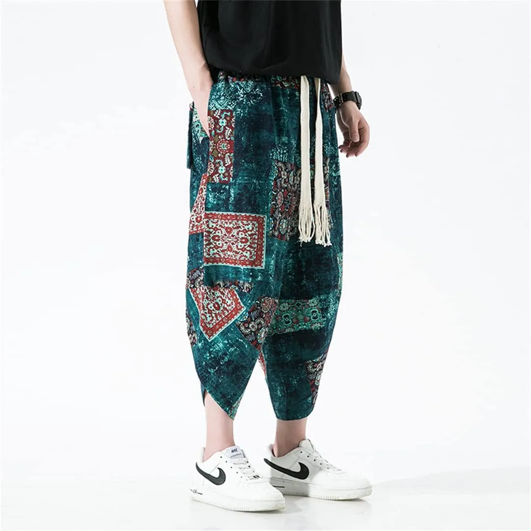 Alloaone Men Print Beach Pants Ankle-Lenght Harem Pantalon Turnip Trousers Joggers Wide Leg Pants