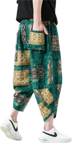 Alloaone Men Print Beach Pants Ankle-Lenght Harem Pantalon Turnip Trousers Joggers Wide Leg Pants