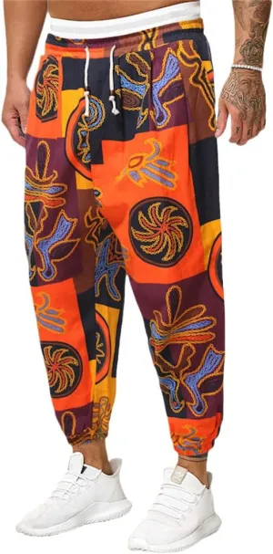 Alloaone Men Print Harem Pants Cool Street Elastic Waist Pants Jogger Sweatpants Style Loose Trousers