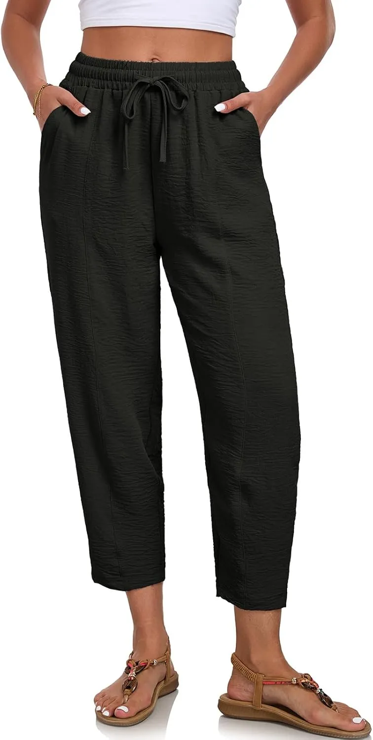 ALSOGO Womens High Waisted Baggy Pants Casual Ankle Length Pants Palazzo Trousers Slacks with Pockets Summer