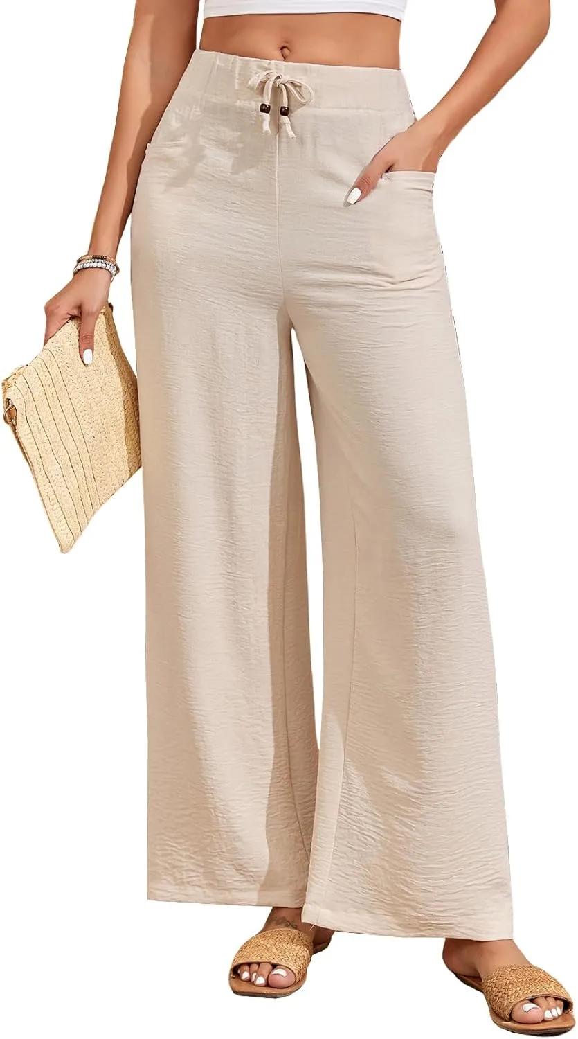 ALSOGO Women's Palazzo Pants Dressy Drawstring Elastic Waist Casual Wide Leg Trousers with Pockets 2025 Summer