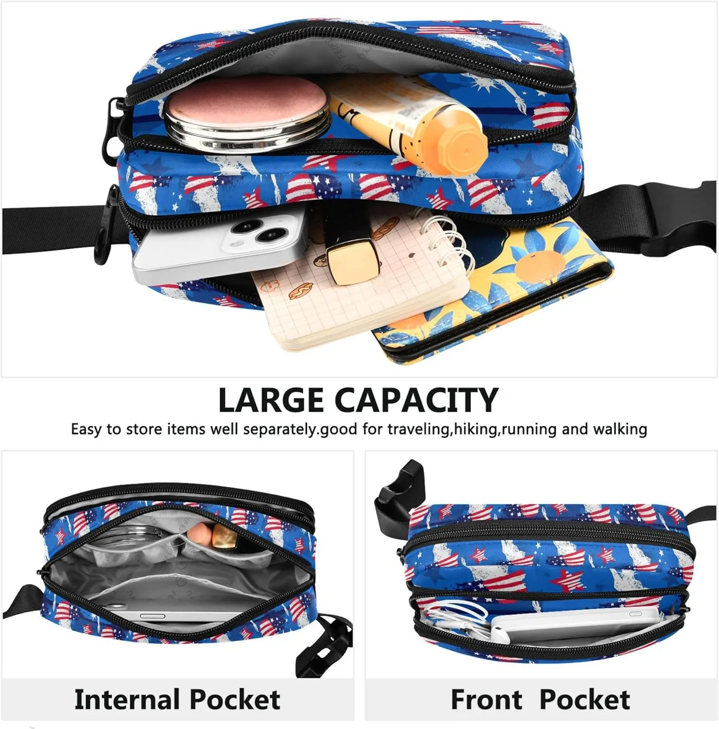 American Flag USA Blue Fanny Packs for Women Waterproof Belt Bag Hip Pouch Cute Cross Body Waist Pack
