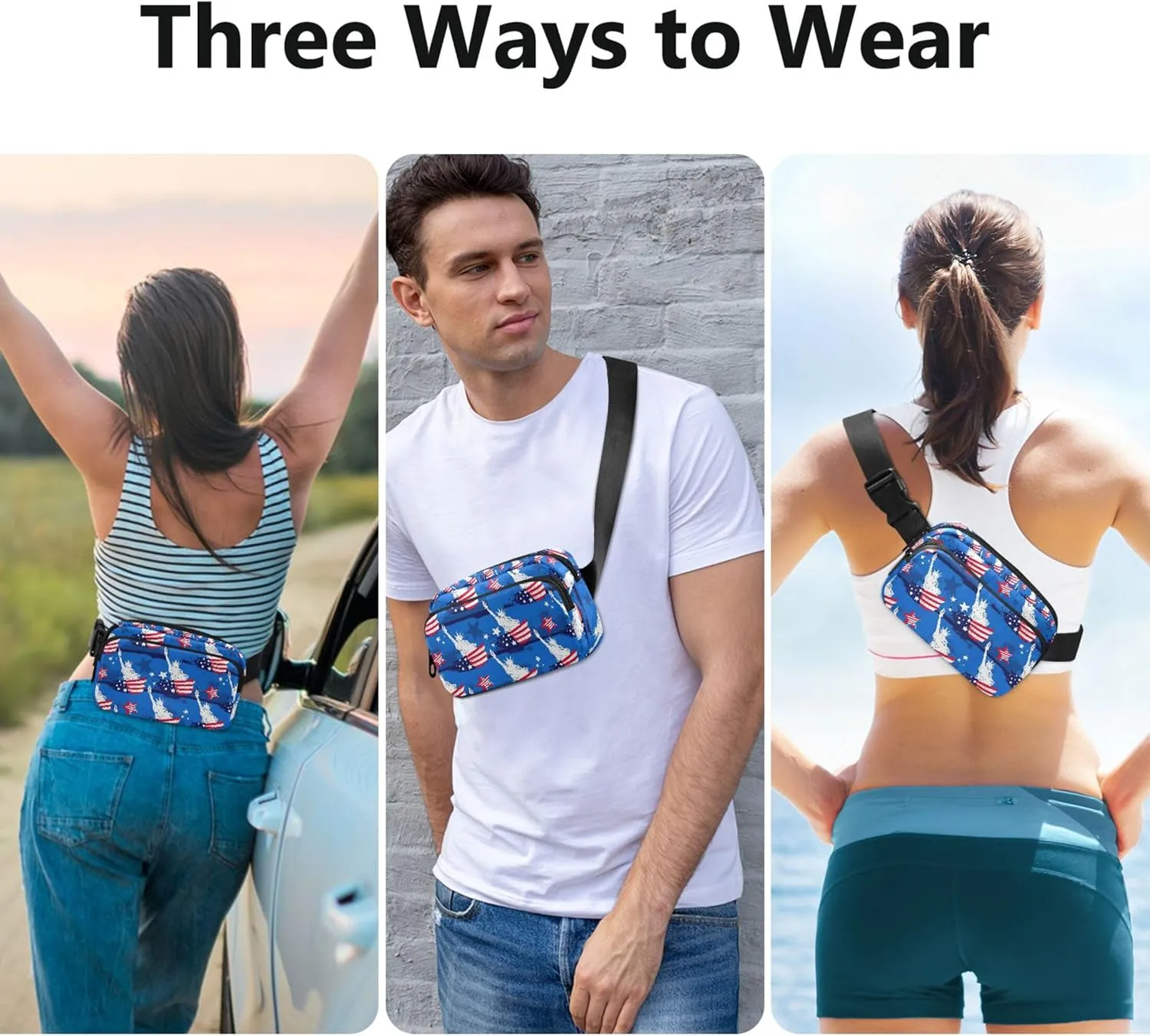 American Flag USA Blue Fanny Packs for Women Waterproof Belt Bag Hip Pouch Cute Cross Body Waist Pack