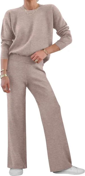 ANRABESS Womens Two Piece Outfits Lounge Sweater Sets Casual Pullover Knit Tops Wide Leg Pants 2024 Fall Clothes