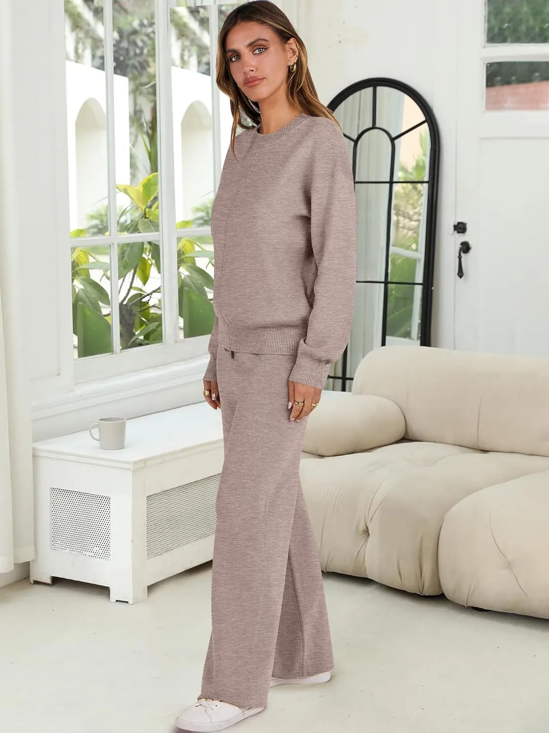 ANRABESS Womens Two Piece Outfits Lounge Sweater Sets Casual Pullover Knit Tops Wide Leg Pants 2024 Fall Clothes