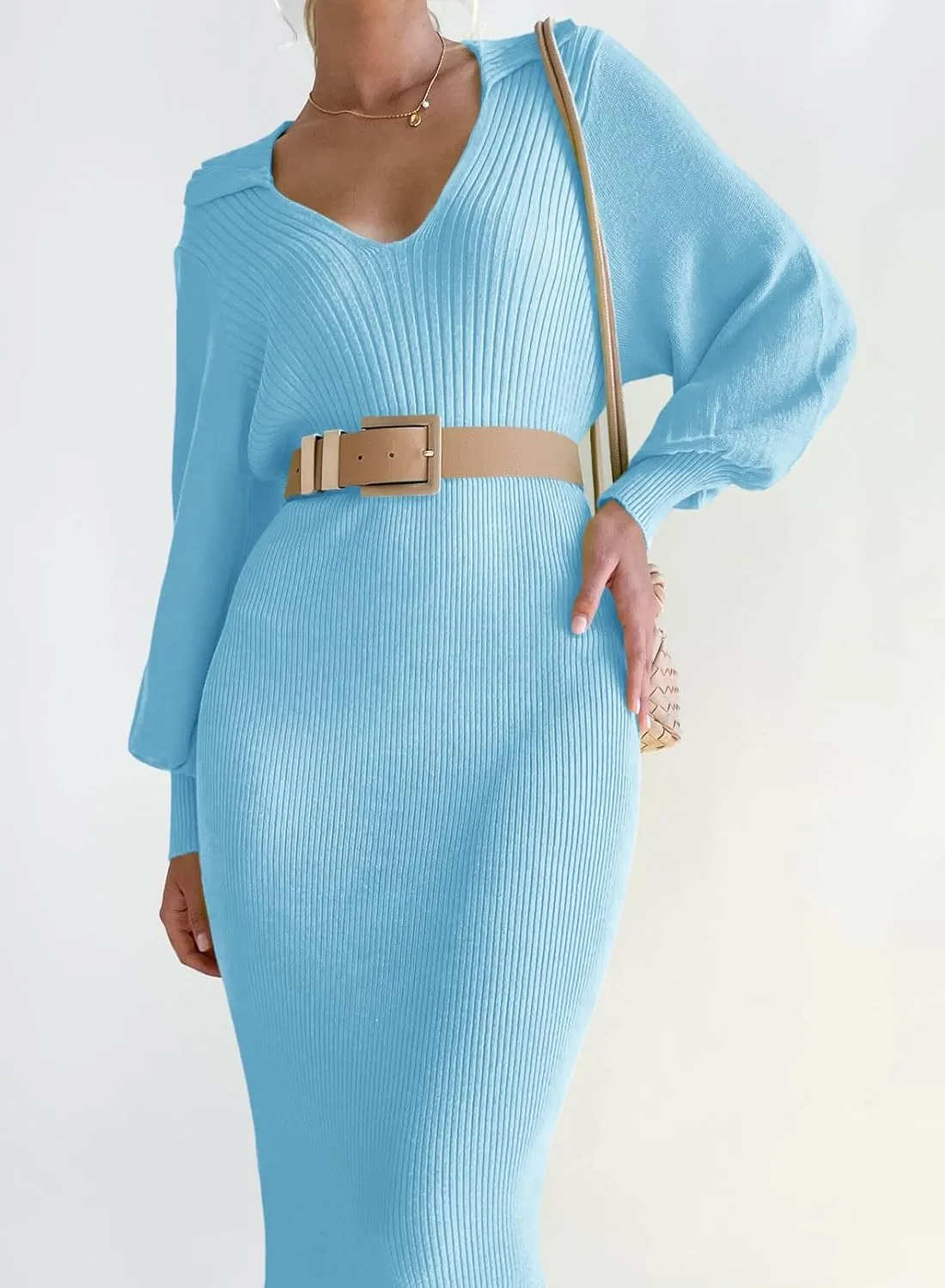 ARTFREE Women's Ribbed Sweater Wrap Dress Elegant Long Sleeve V Neck Knit Bodycon Maxi Dresses with Belt