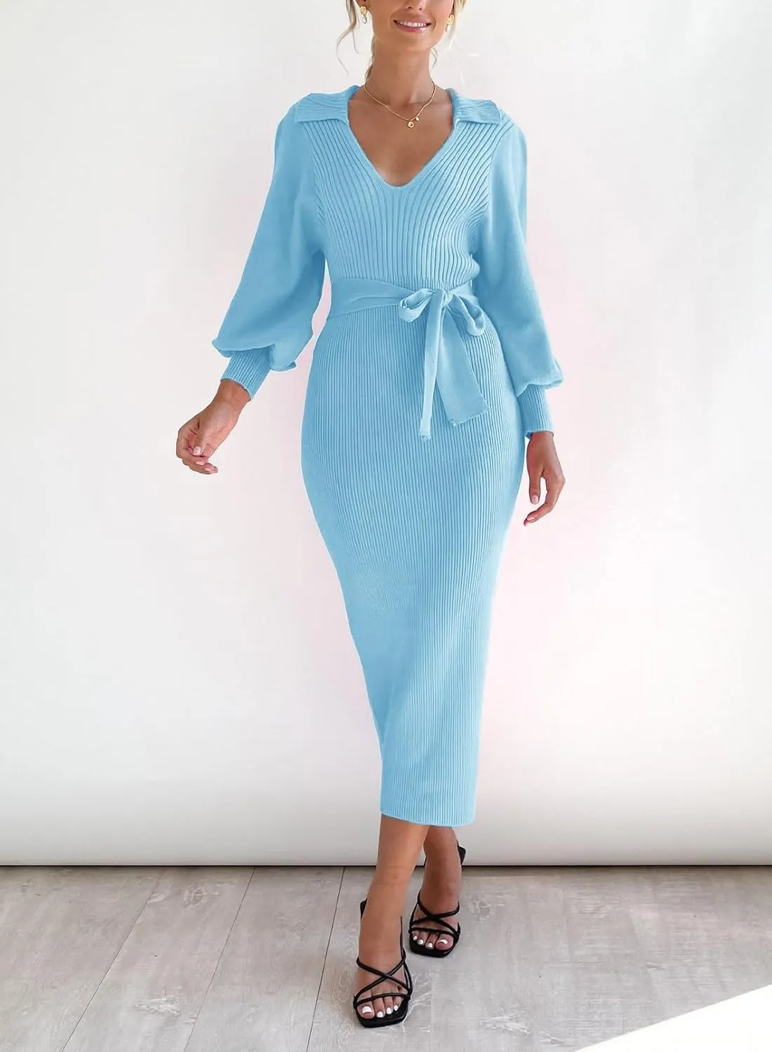 ARTFREE Women's Ribbed Sweater Wrap Dress Elegant Long Sleeve V Neck Knit Bodycon Maxi Dresses with Belt