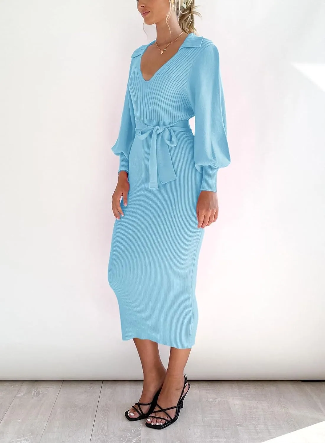 ARTFREE Women's Ribbed Sweater Wrap Dress Elegant Long Sleeve V Neck Knit Bodycon Maxi Dresses with Belt