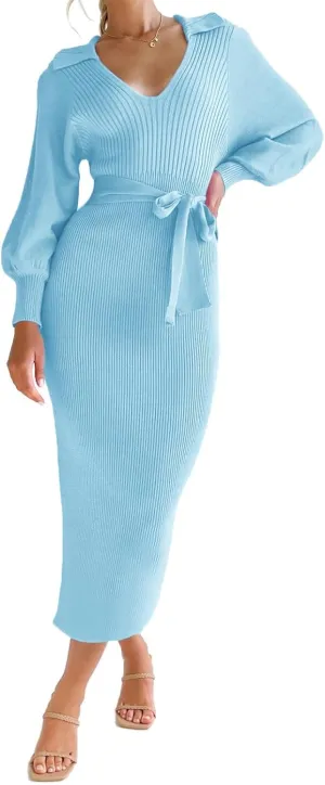 ARTFREE Women's Ribbed Sweater Wrap Dress Elegant Long Sleeve V Neck Knit Bodycon Maxi Dresses with Belt