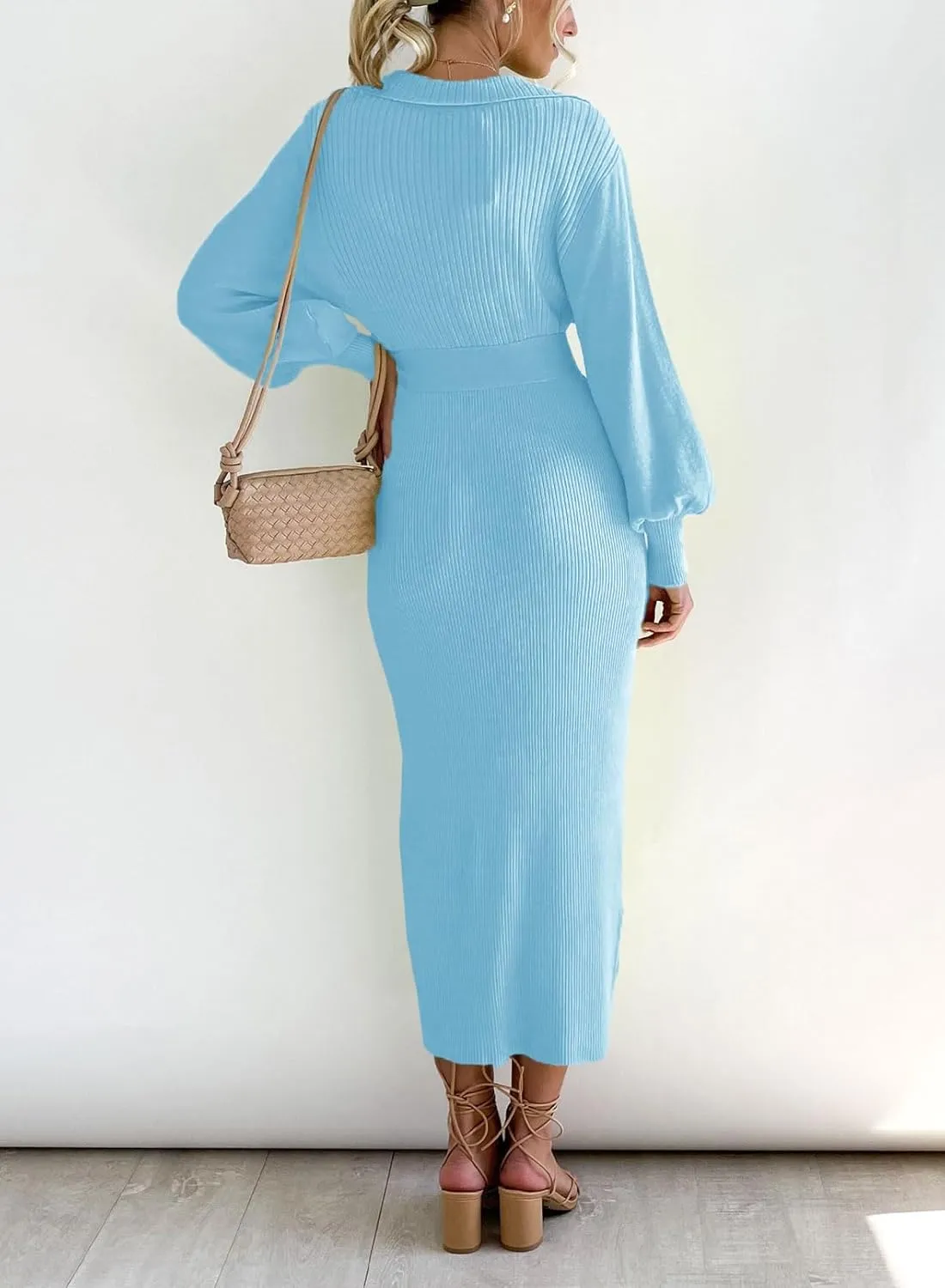 ARTFREE Women's Ribbed Sweater Wrap Dress Elegant Long Sleeve V Neck Knit Bodycon Maxi Dresses with Belt