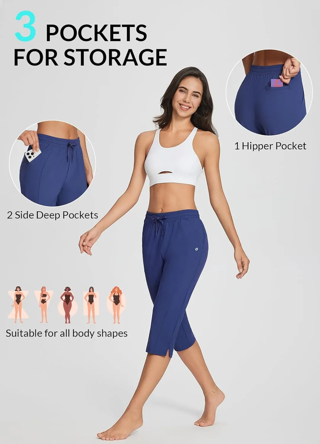 baleaf Women's Yoga Capris Pants with Pockets Lightweight UPF50  Drawstring Waist Petite Athletic Sweatpants Casual Summer