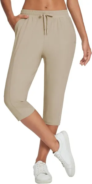 baleaf Women's Yoga Capris Pants with Pockets Lightweight UPF50  Drawstring Waist Petite Athletic Sweatpants Casual Summer