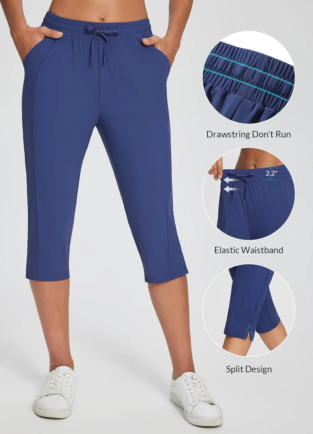 baleaf Women's Yoga Capris Pants with Pockets Lightweight UPF50  Drawstring Waist Petite Athletic Sweatpants Casual Summer