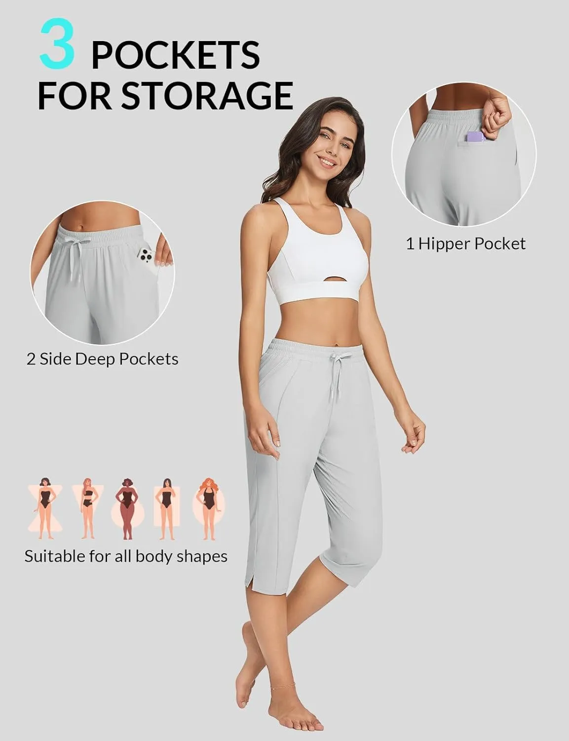 baleaf Women's Yoga Capris Pants with Pockets Lightweight UPF50  Drawstring Waist Petite Athletic Sweatpants Casual Summer