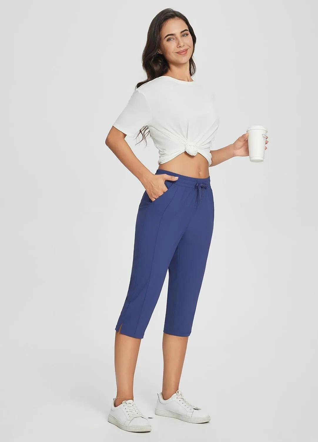 baleaf Women's Yoga Capris Pants with Pockets Lightweight UPF50  Drawstring Waist Petite Athletic Sweatpants Casual Summer