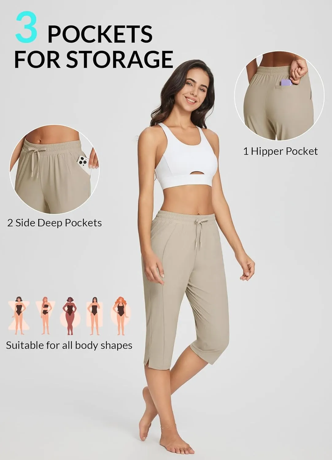 baleaf Women's Yoga Capris Pants with Pockets Lightweight UPF50  Drawstring Waist Petite Athletic Sweatpants Casual Summer