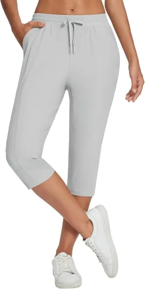 baleaf Women's Yoga Capris Pants with Pockets Lightweight UPF50  Drawstring Waist Petite Athletic Sweatpants Casual Summer