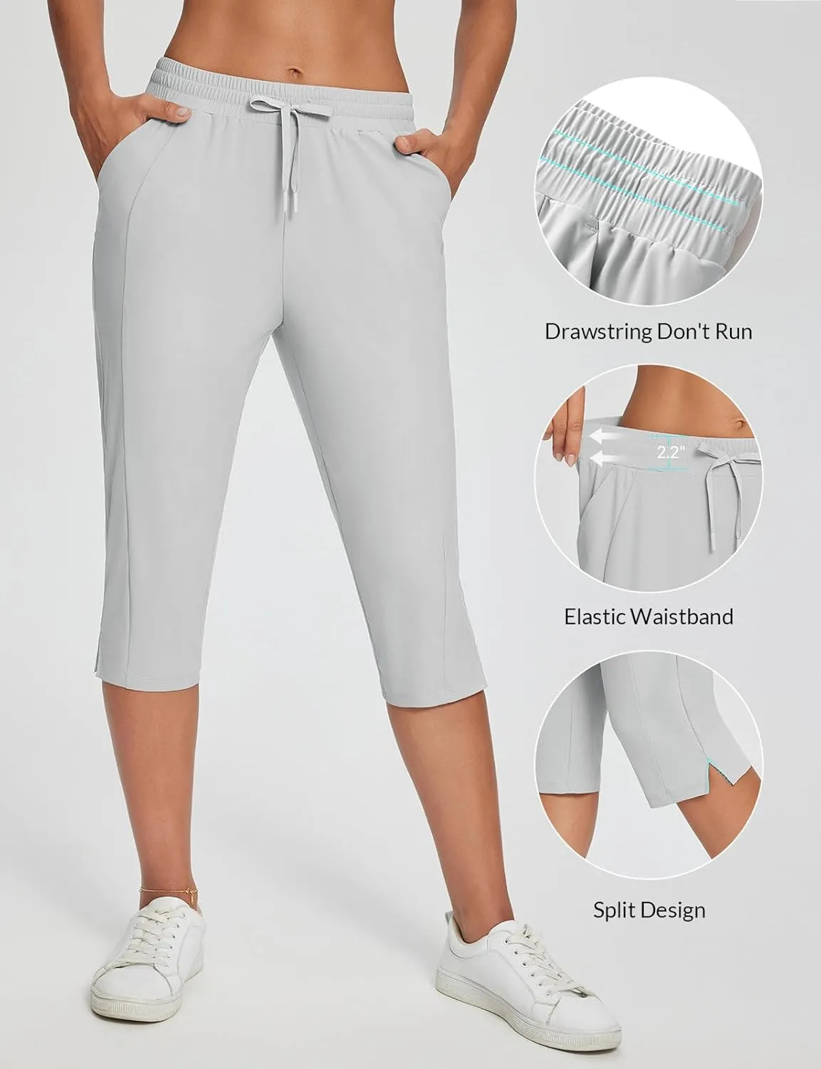 baleaf Women's Yoga Capris Pants with Pockets Lightweight UPF50  Drawstring Waist Petite Athletic Sweatpants Casual Summer