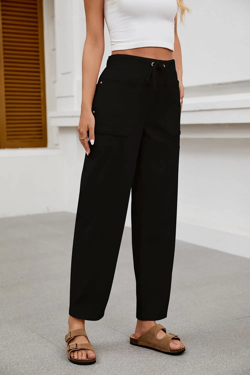 Barrel Pants for Women High Waisted Corduroy Drawstring Elastic Waist Loose Casual Wide Leg Trousers Pants