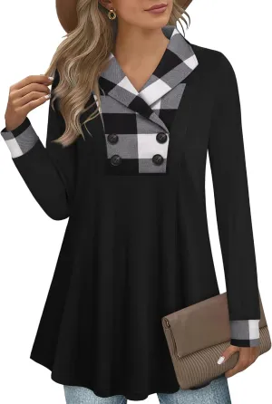 Bebonnie Womens Long Sleeve Casual V Neck Sweatshirts Pullover Tunic Tops with Buttons