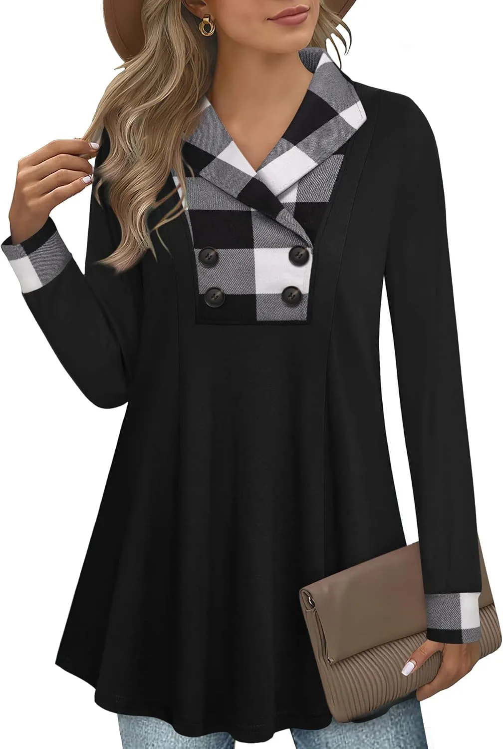 Bebonnie Womens Long Sleeve Casual V Neck Sweatshirts Pullover Tunic Tops with Buttons