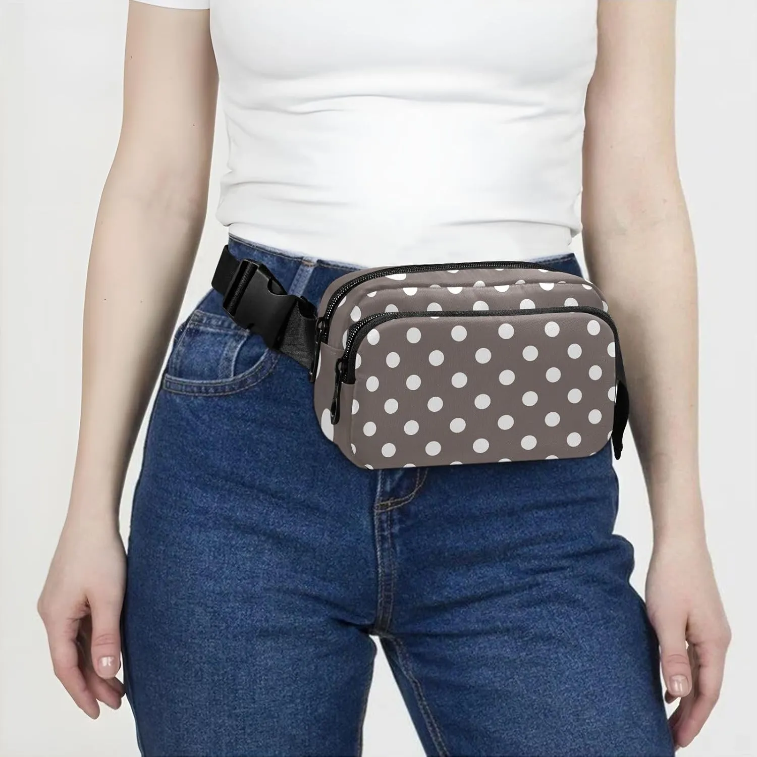 Belt Bags White Polka Dots Brown Chest Bag with Adjustable Strap Waterproof Belt Bag