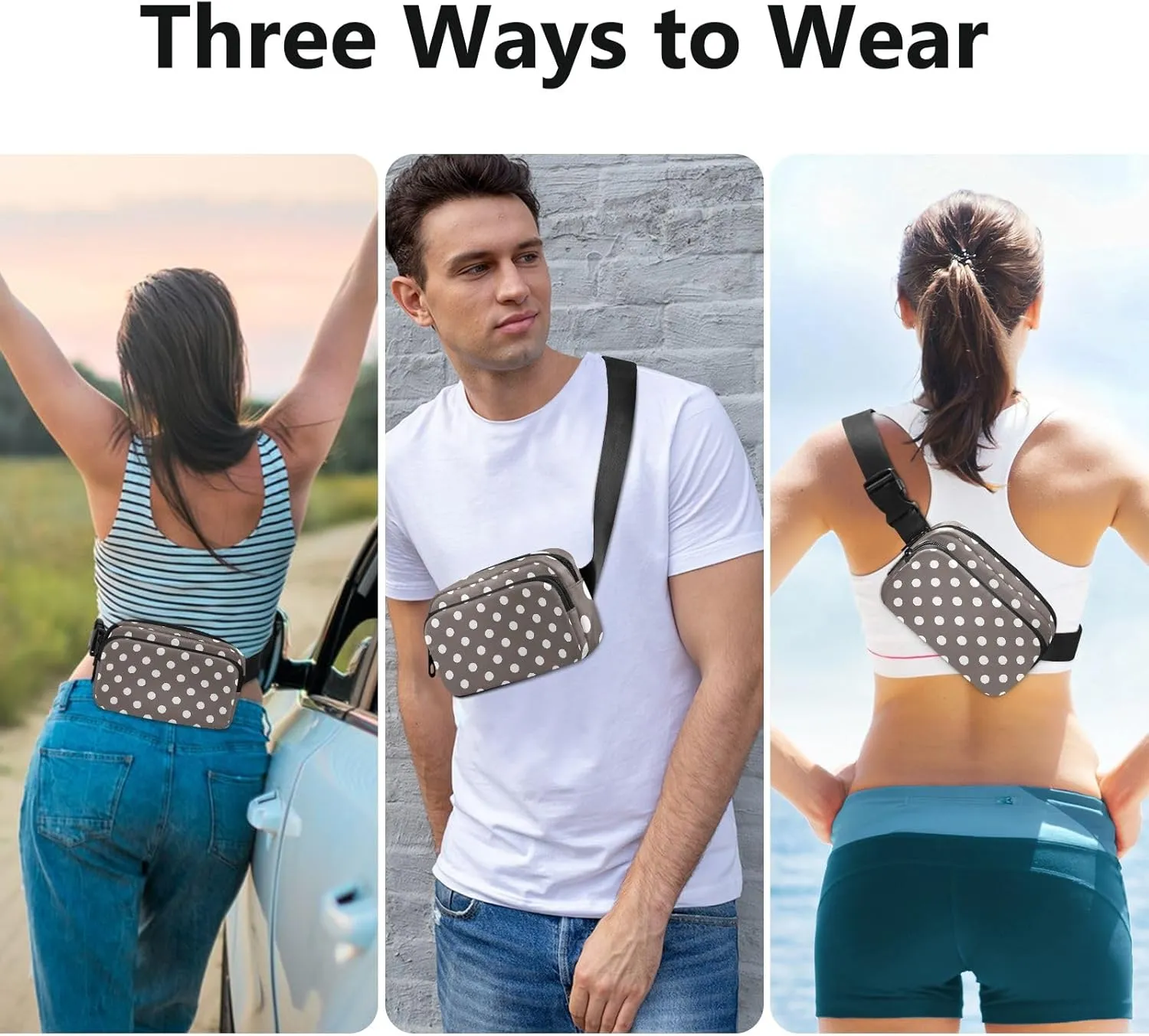 Belt Bags White Polka Dots Brown Chest Bag with Adjustable Strap Waterproof Belt Bag