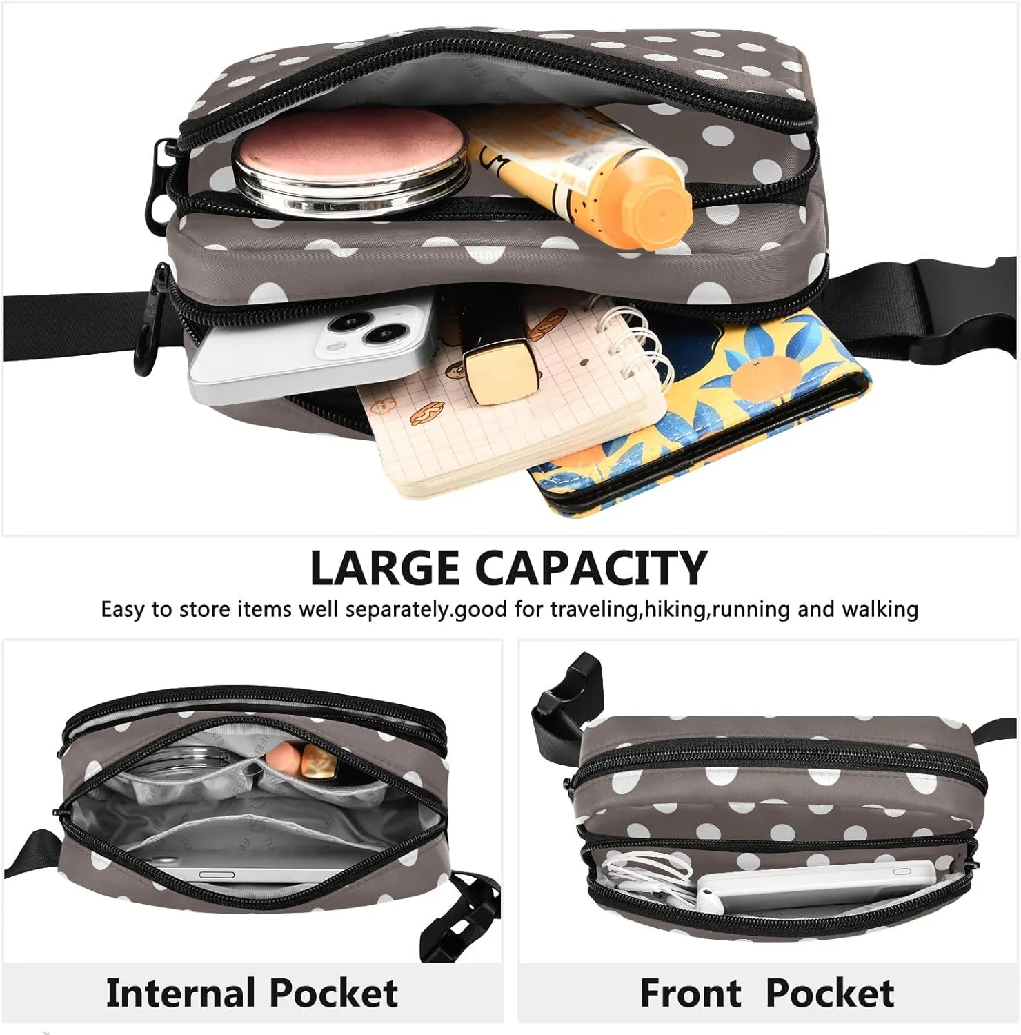 Belt Bags White Polka Dots Brown Chest Bag with Adjustable Strap Waterproof Belt Bag