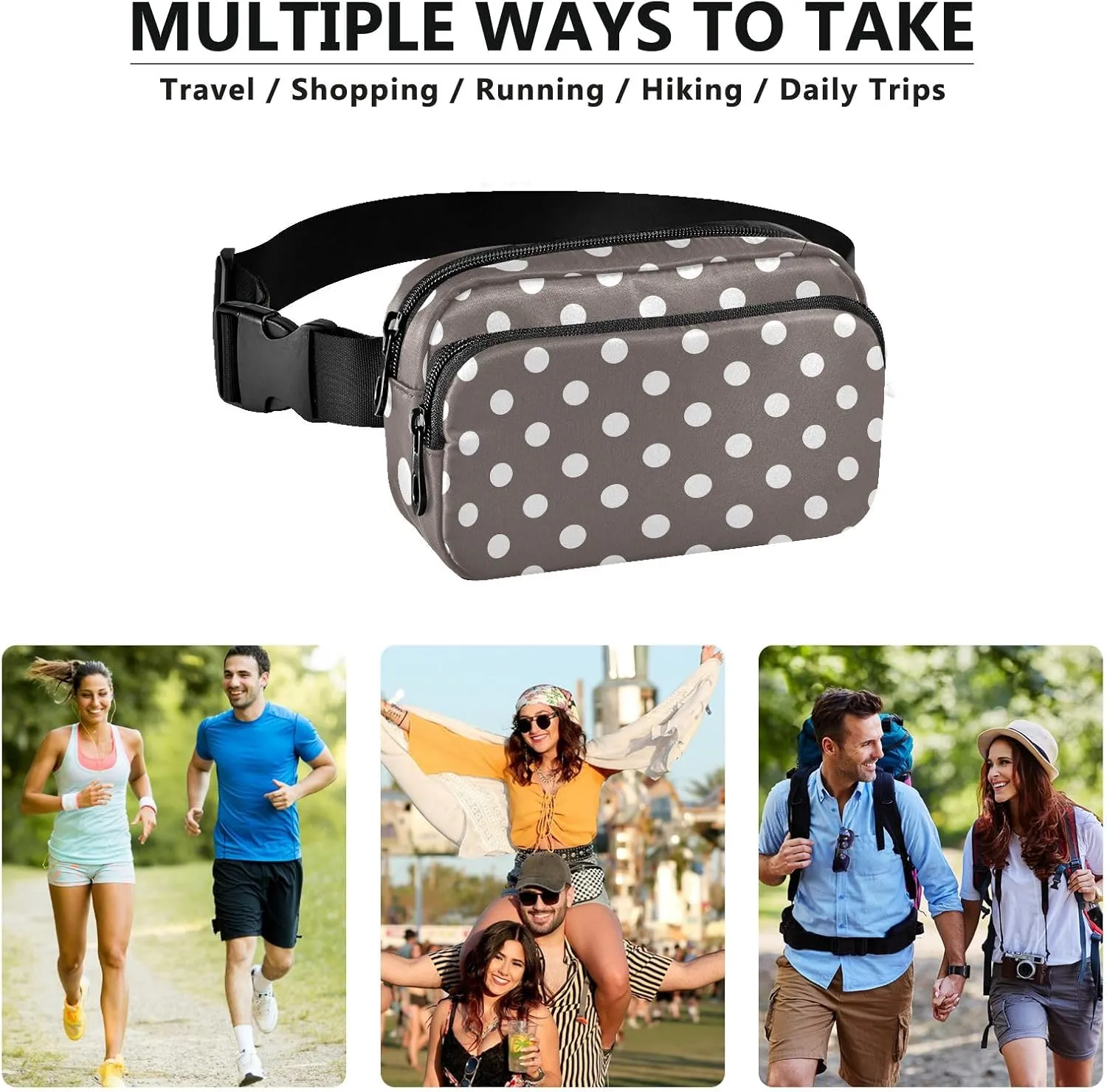 Belt Bags White Polka Dots Brown Chest Bag with Adjustable Strap Waterproof Belt Bag