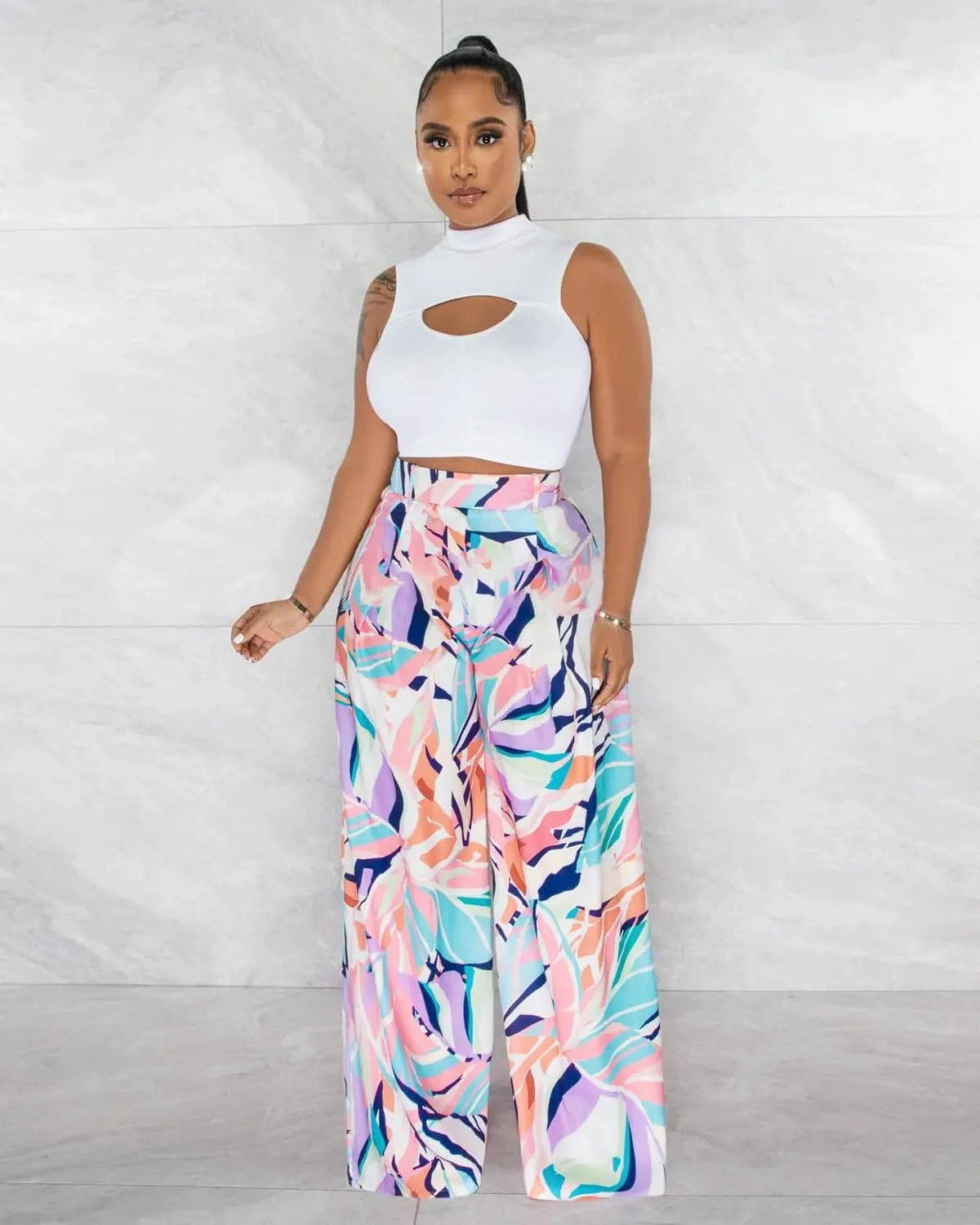 BFFBABY Womens Casual Palazzo Pants High Waist Printed Ruched Loose Flowy Lounge Wide Leg Pants (M-3XL)
