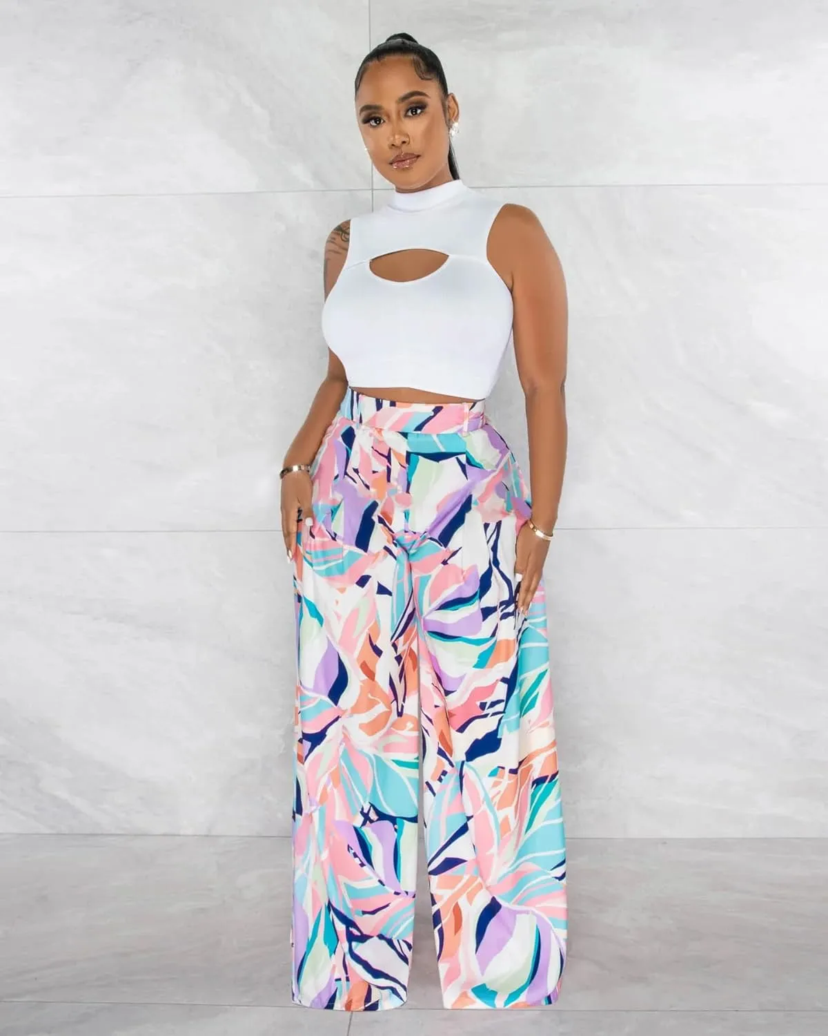 BFFBABY Womens Casual Palazzo Pants High Waist Printed Ruched Loose Flowy Lounge Wide Leg Pants (M-3XL)