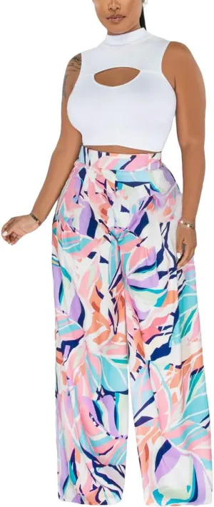 BFFBABY Womens Casual Palazzo Pants High Waist Printed Ruched Loose Flowy Lounge Wide Leg Pants (M-3XL)