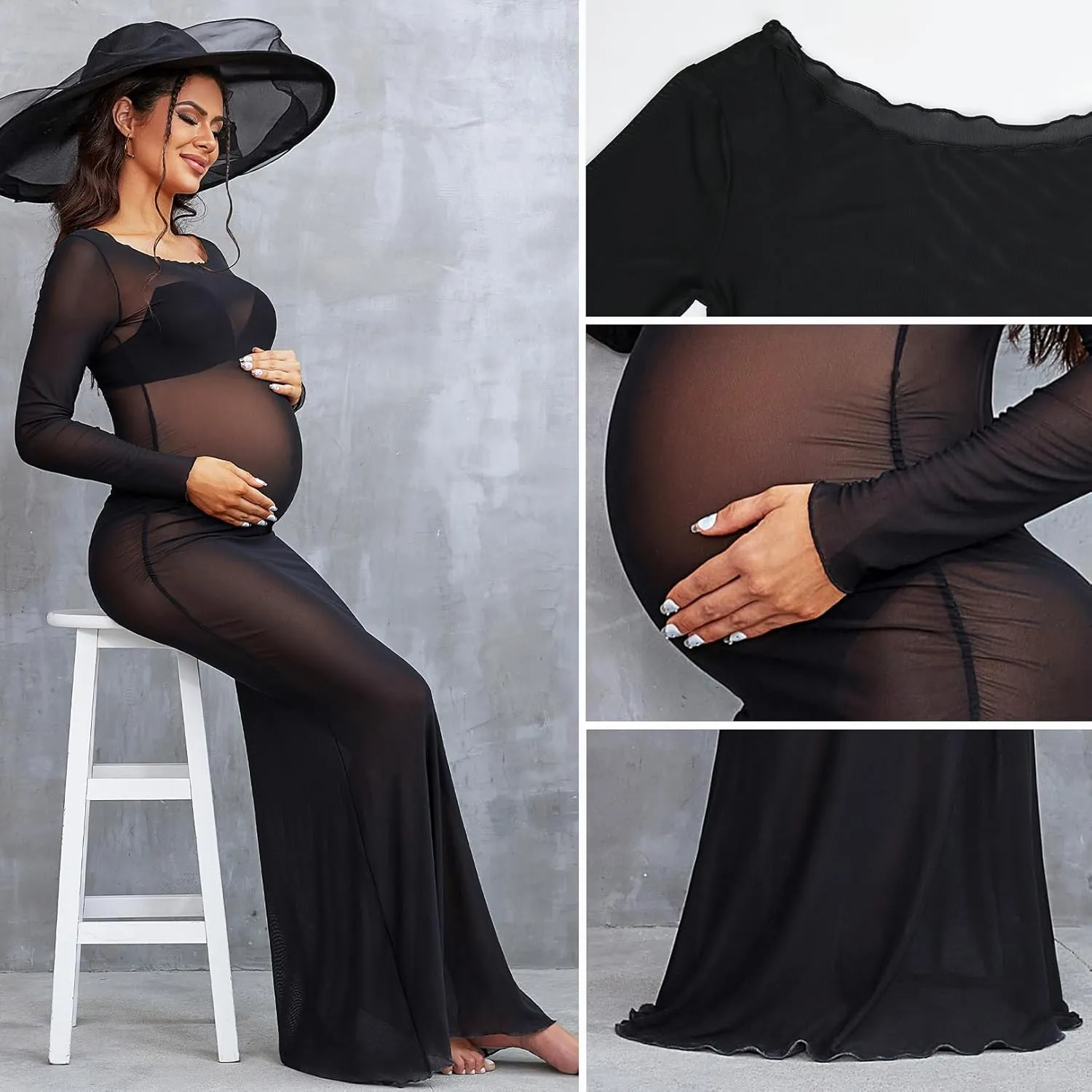 Bhome Maternity Photoshoot Dress Long Sleeve Sheer Mesh Maternity Maxi Gown Babyshower