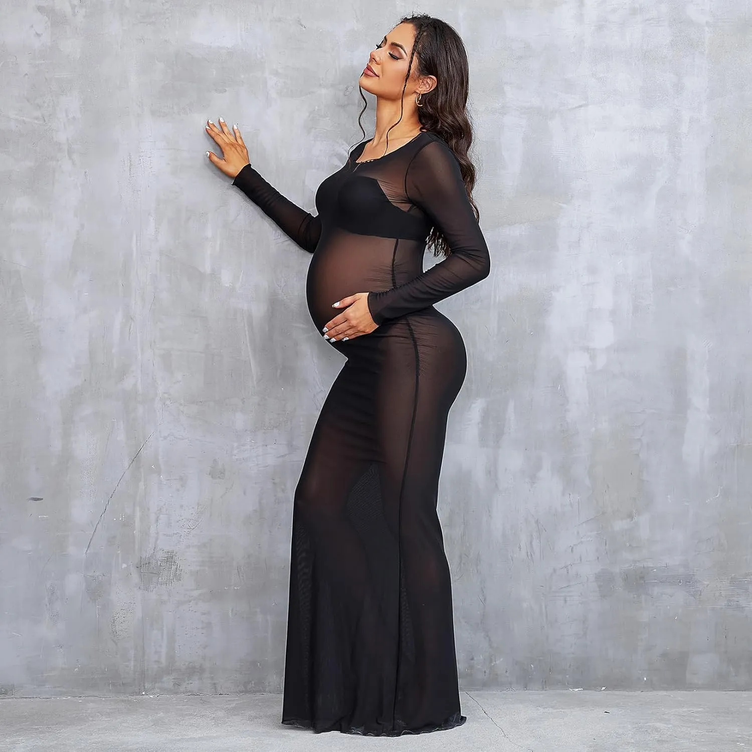 Bhome Maternity Photoshoot Dress Long Sleeve Sheer Mesh Maternity Maxi Gown Babyshower
