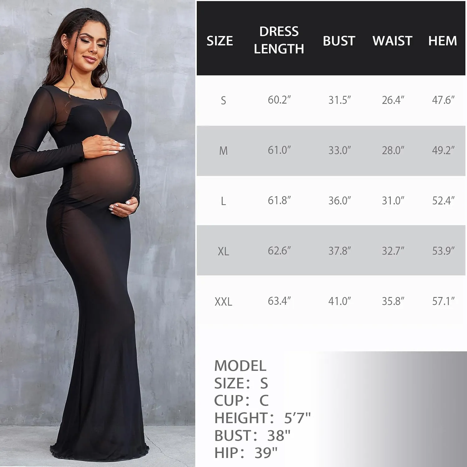 Bhome Maternity Photoshoot Dress Long Sleeve Sheer Mesh Maternity Maxi Gown Babyshower