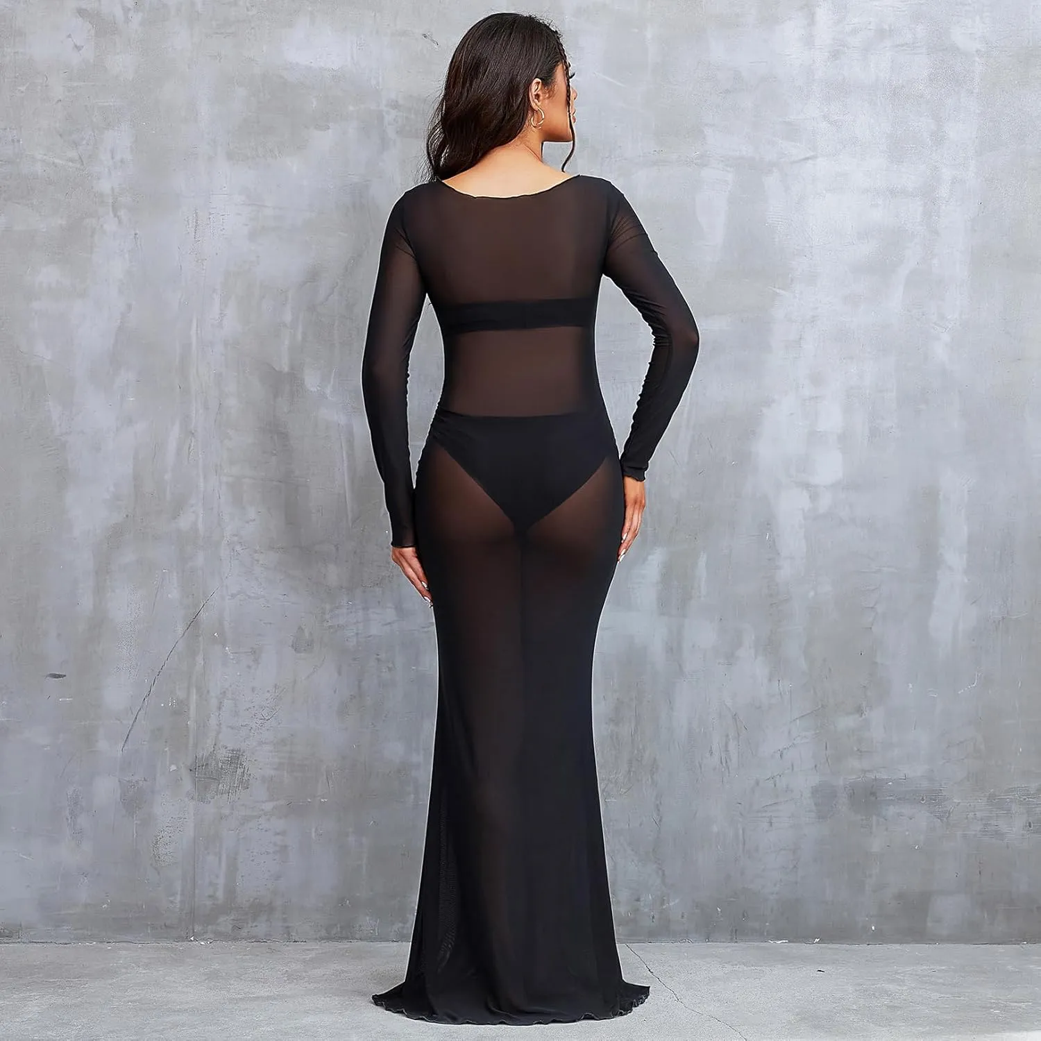 Bhome Maternity Photoshoot Dress Long Sleeve Sheer Mesh Maternity Maxi Gown Babyshower