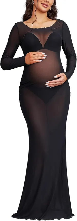 Bhome Maternity Photoshoot Dress Long Sleeve Sheer Mesh Maternity Maxi Gown Babyshower