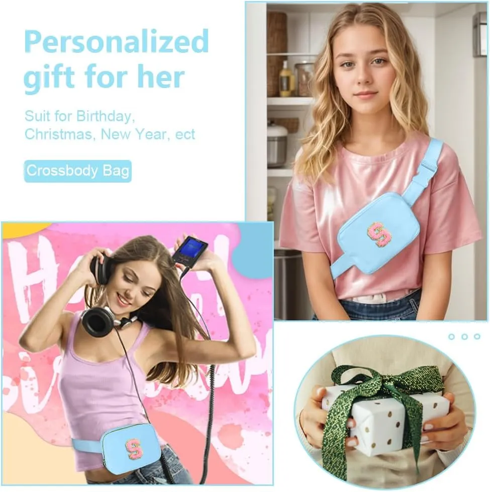Birthday Gifts for 6 7 8 9 10 11 12 13 15 18 Year Old Girls, Initial Letter Waist Fanny Packs Crossbody Bag Belt Bag Cute Trendy Preppy Stuff for Kids Teens Women (S, Icing Blue)