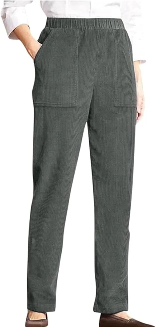 BIRW Corduroy Pants for Women Elastic High Waist Pull On Straight Leg Slacks Casual Trousers with Pocket